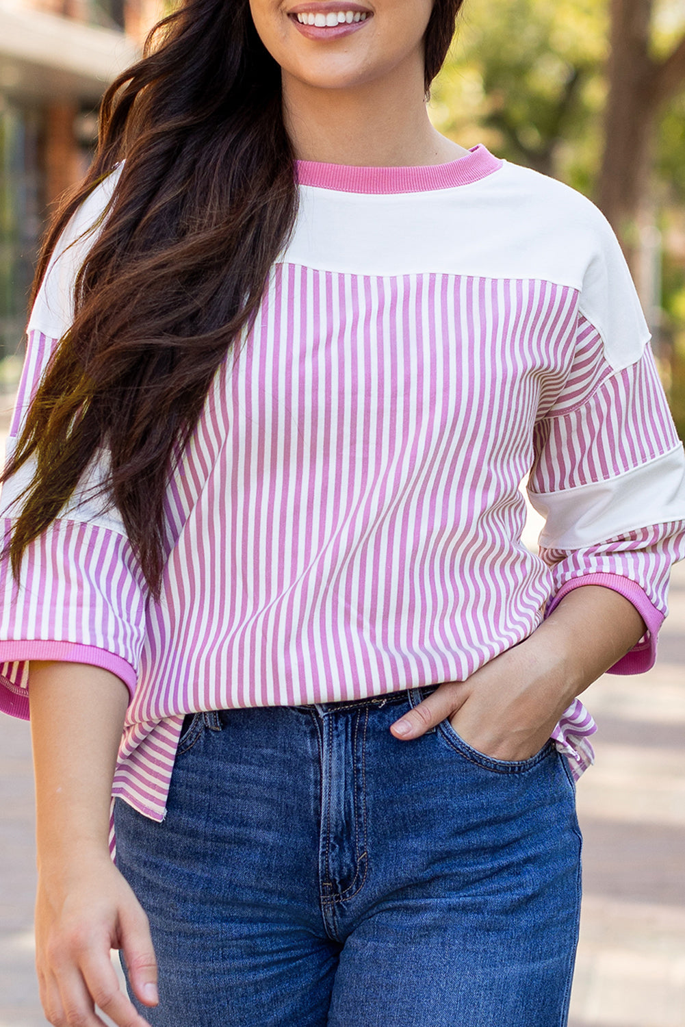 Striped Patchwork 3/4 Sleeve Casual Top