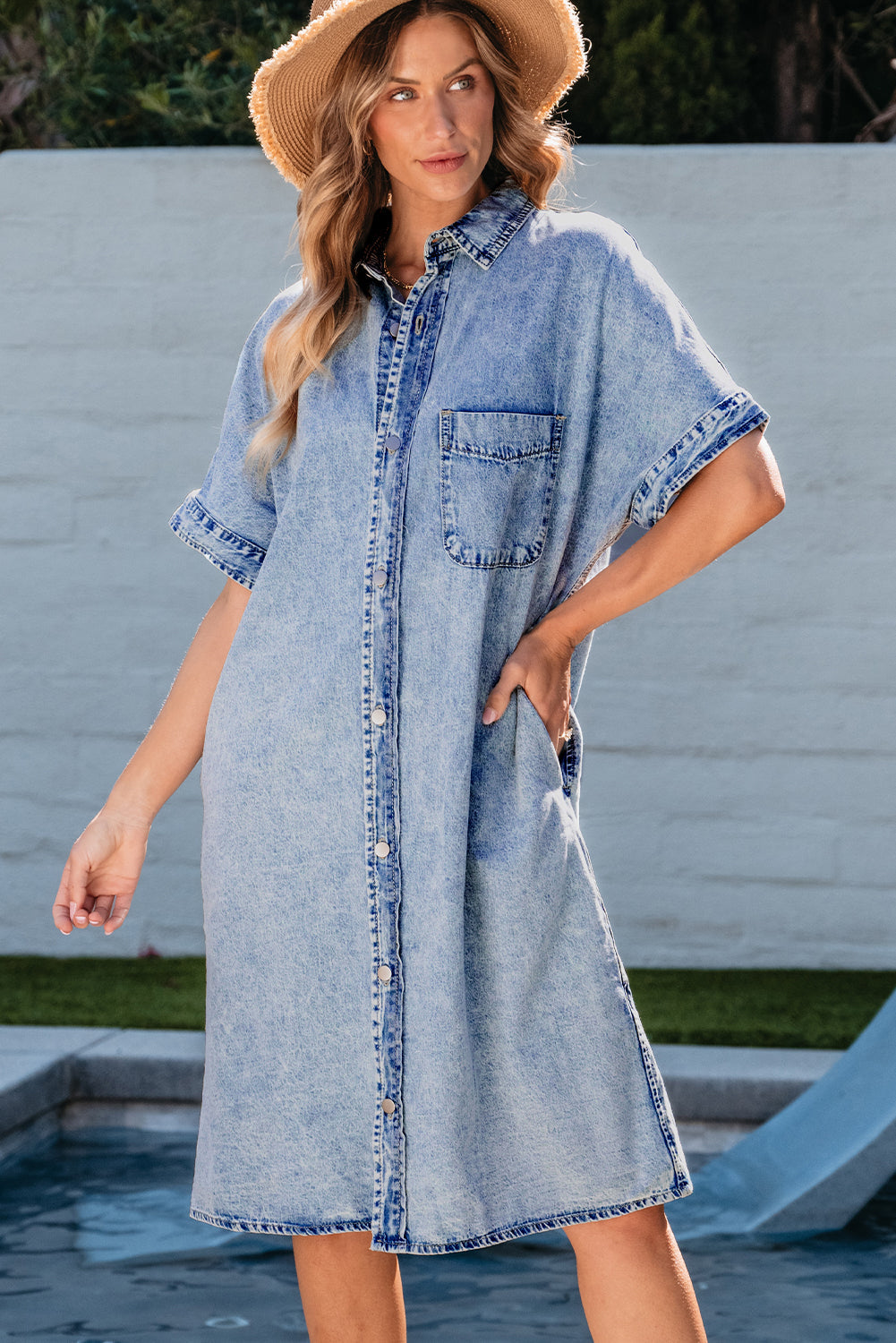 Loose Medium Wash Short Sleeve Shirt Chambray Dress