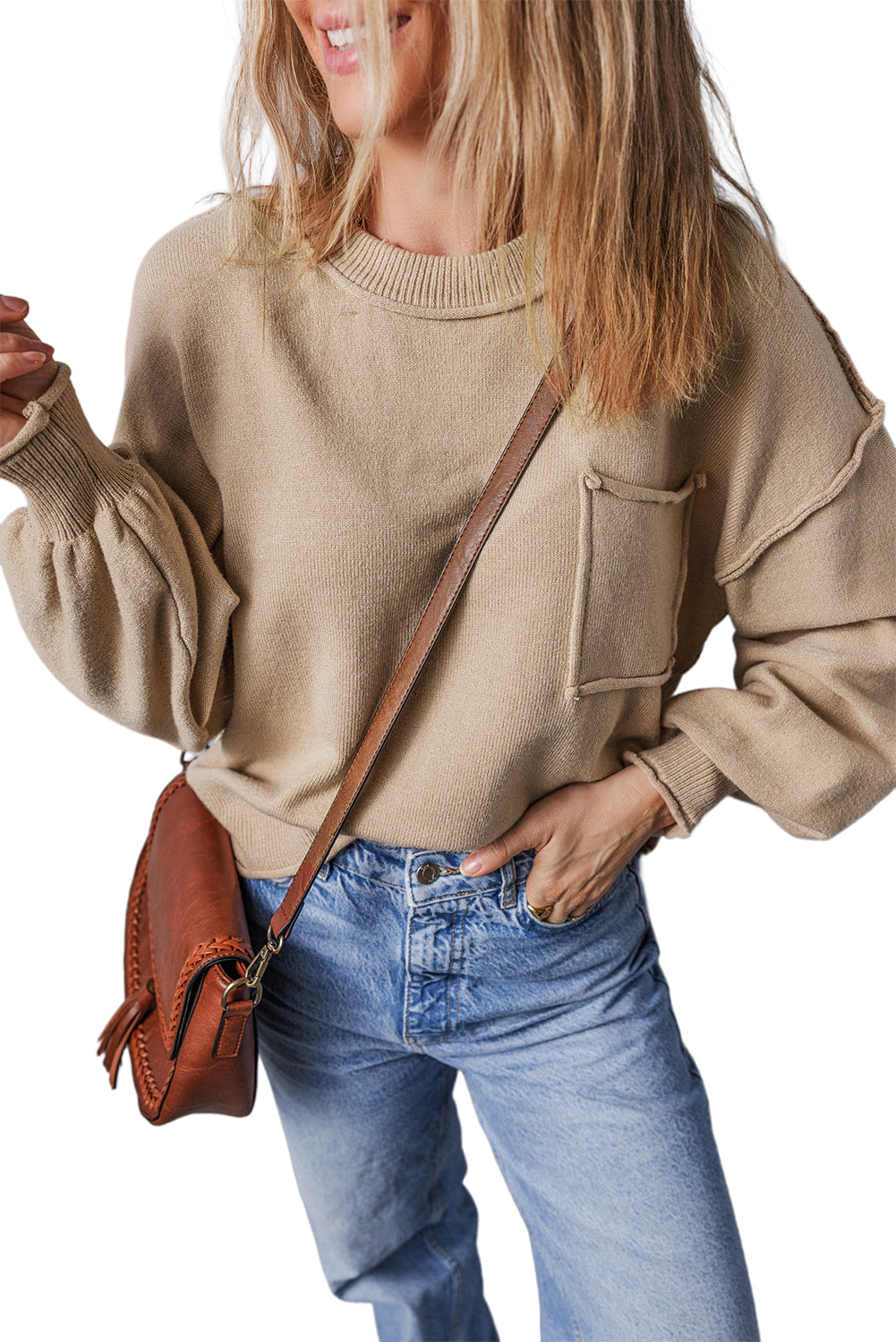 Raw Edge Patch Pocket Exposed Seam Loose Sweater