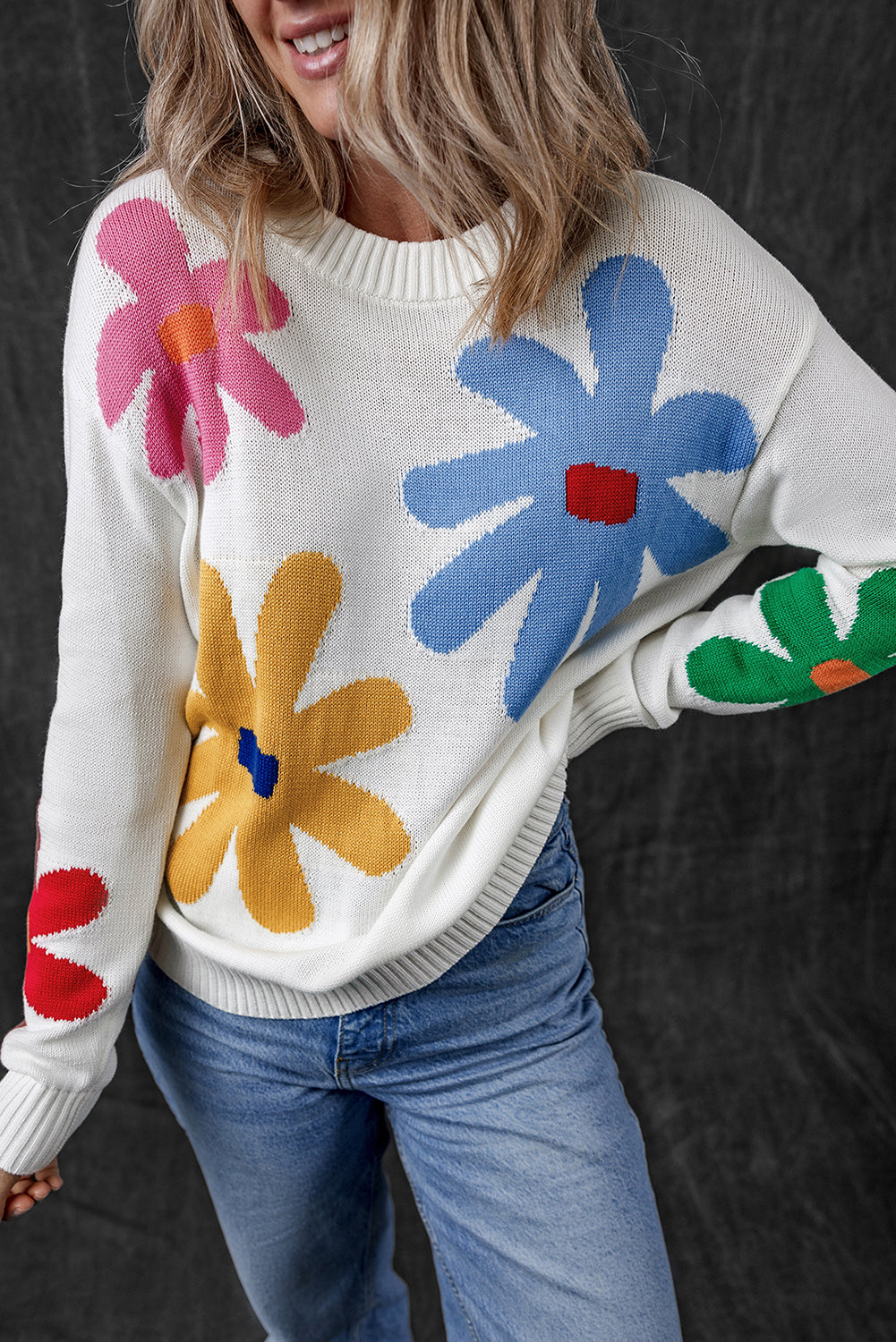 Colorful Big Flower Pattern Crewneck Sweater