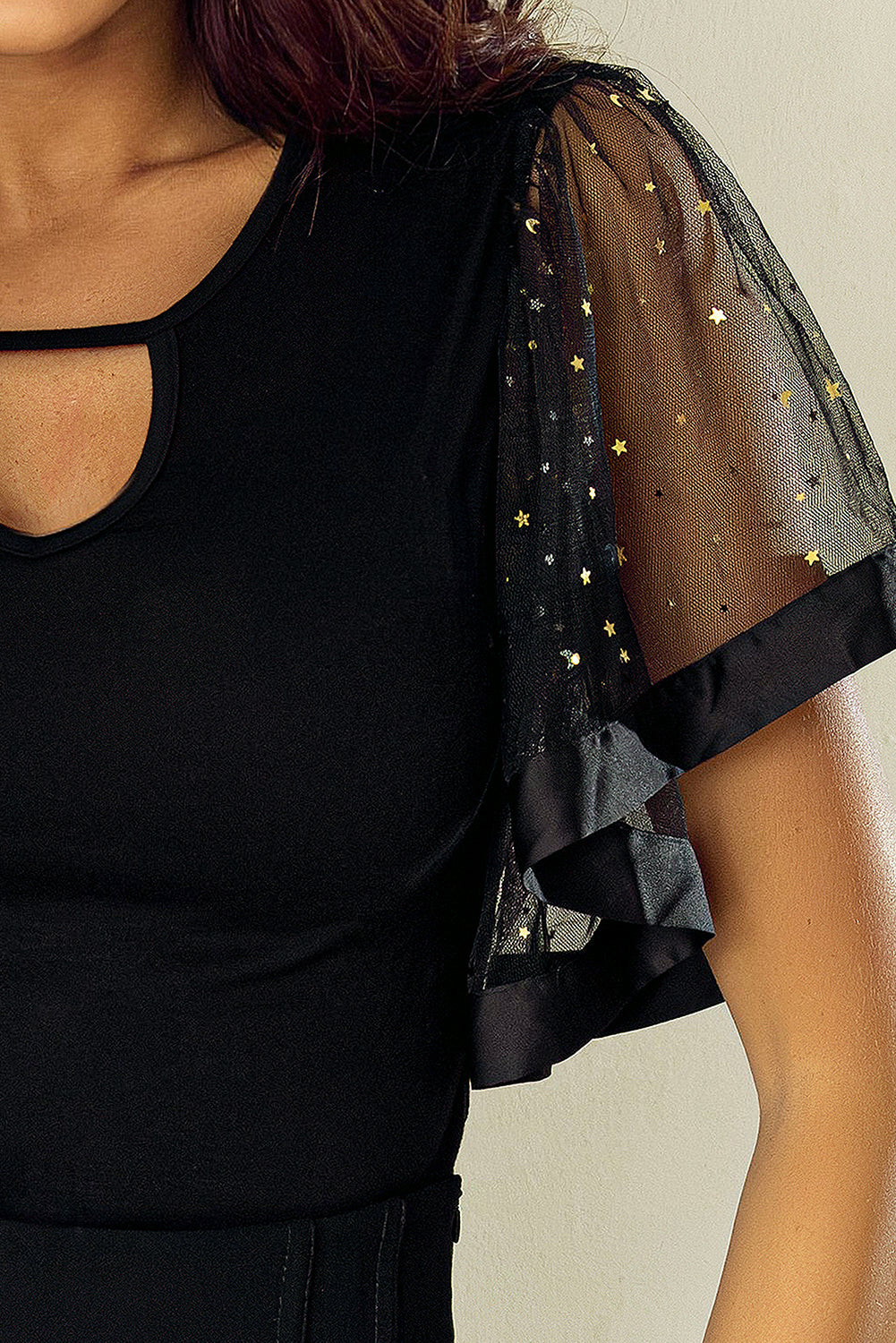 Black Starry Mesh Flutter Sleeve Slim Fit Top