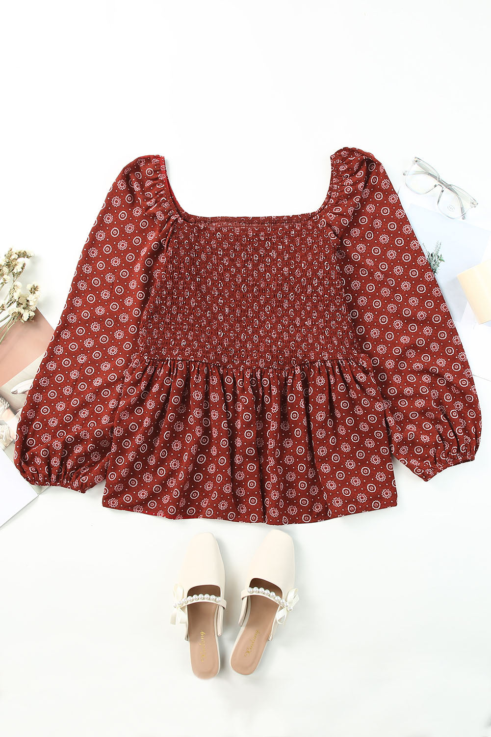 Plus Size Square Neck Printed Peplum Top