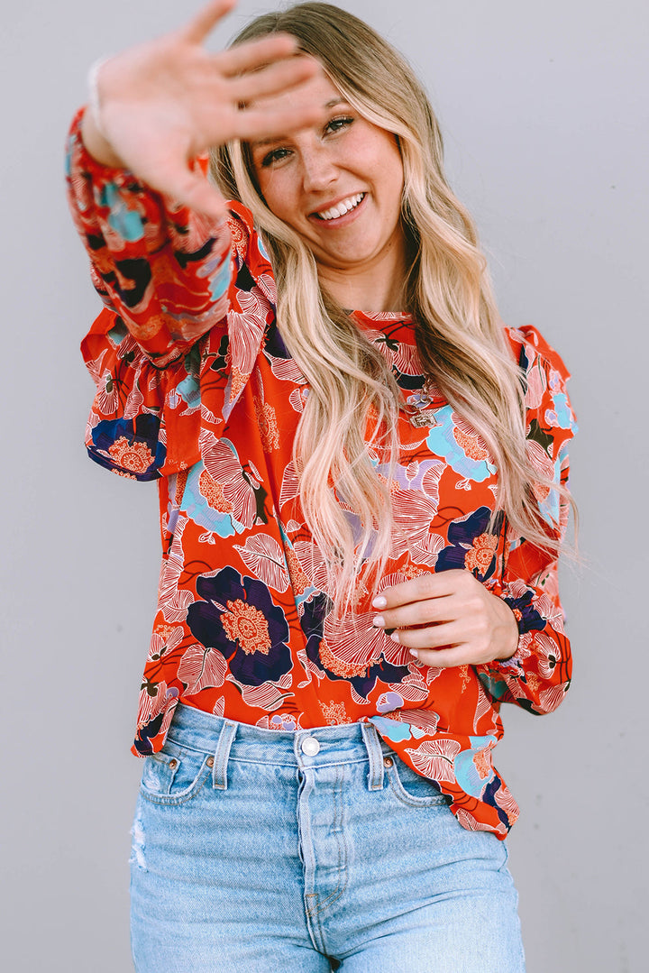 Floral Print Ruffle Puff Sleeve Blouse