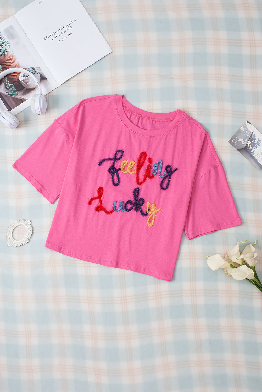 Bonbon Feeling Lucky Embroidered Letter Graphic Half Sleeve Top