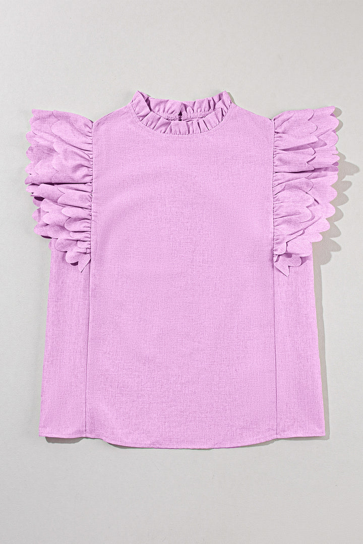 Bright Pink Solid Color Scalloped Ruffle Sleeve Top