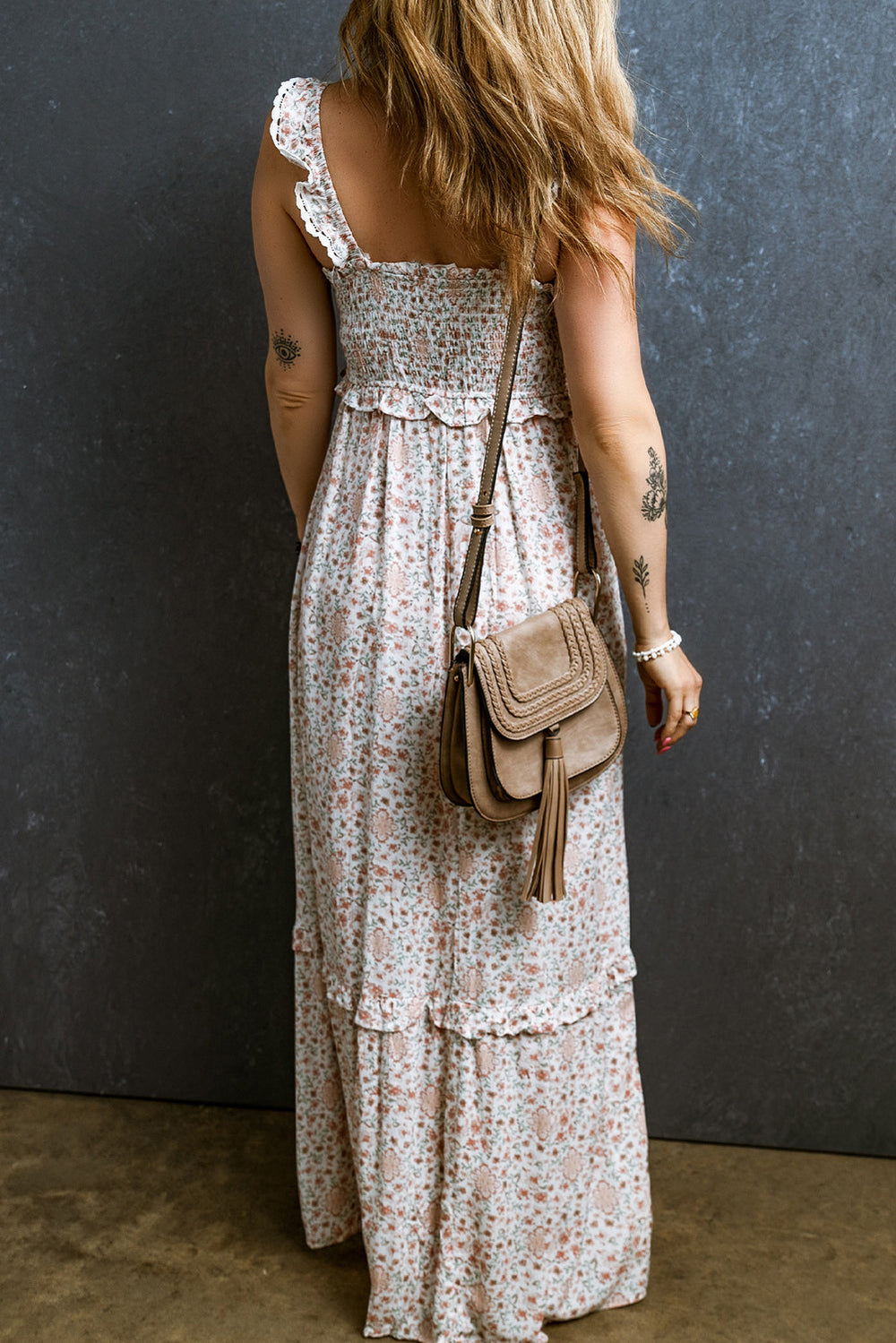 Lace Frilly Straps Shirred Floral Maxi Dress