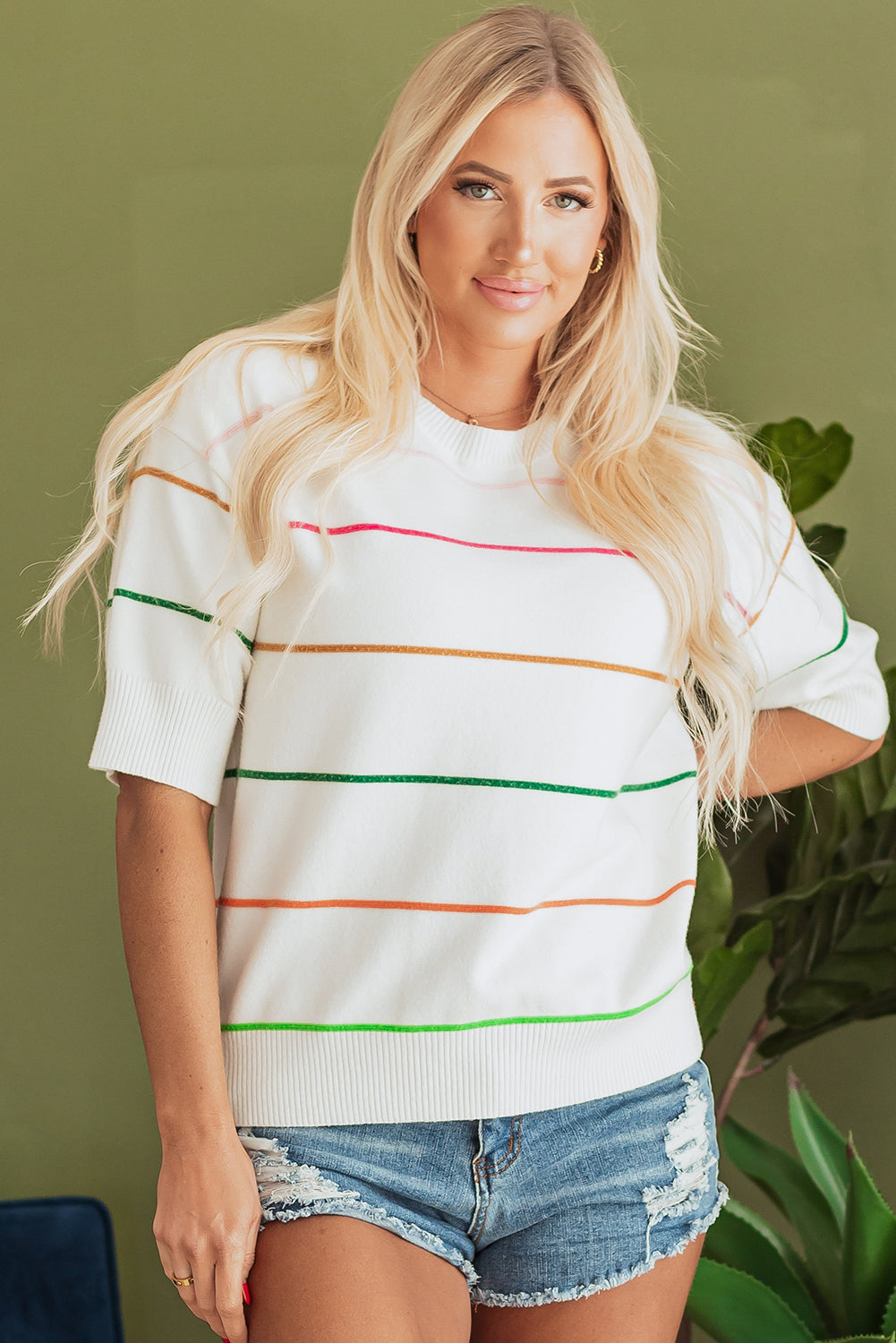 Colorblock Striped Half Sleeve Drop Shoulder Sweater