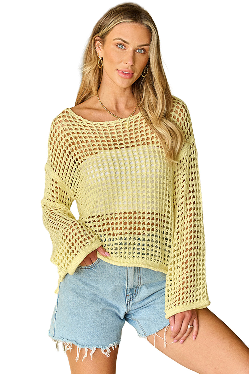 Open Knit Crochet Bell Sleeve Tunic Sweater