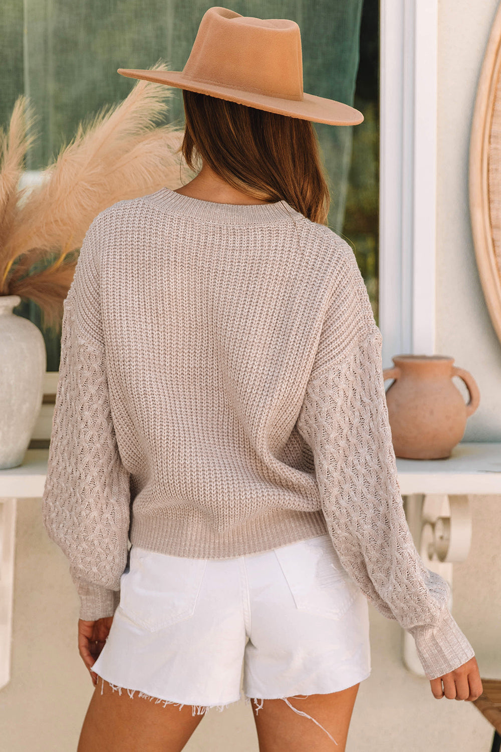 Cable Knit Sleeve Drop Shoulder Sweater