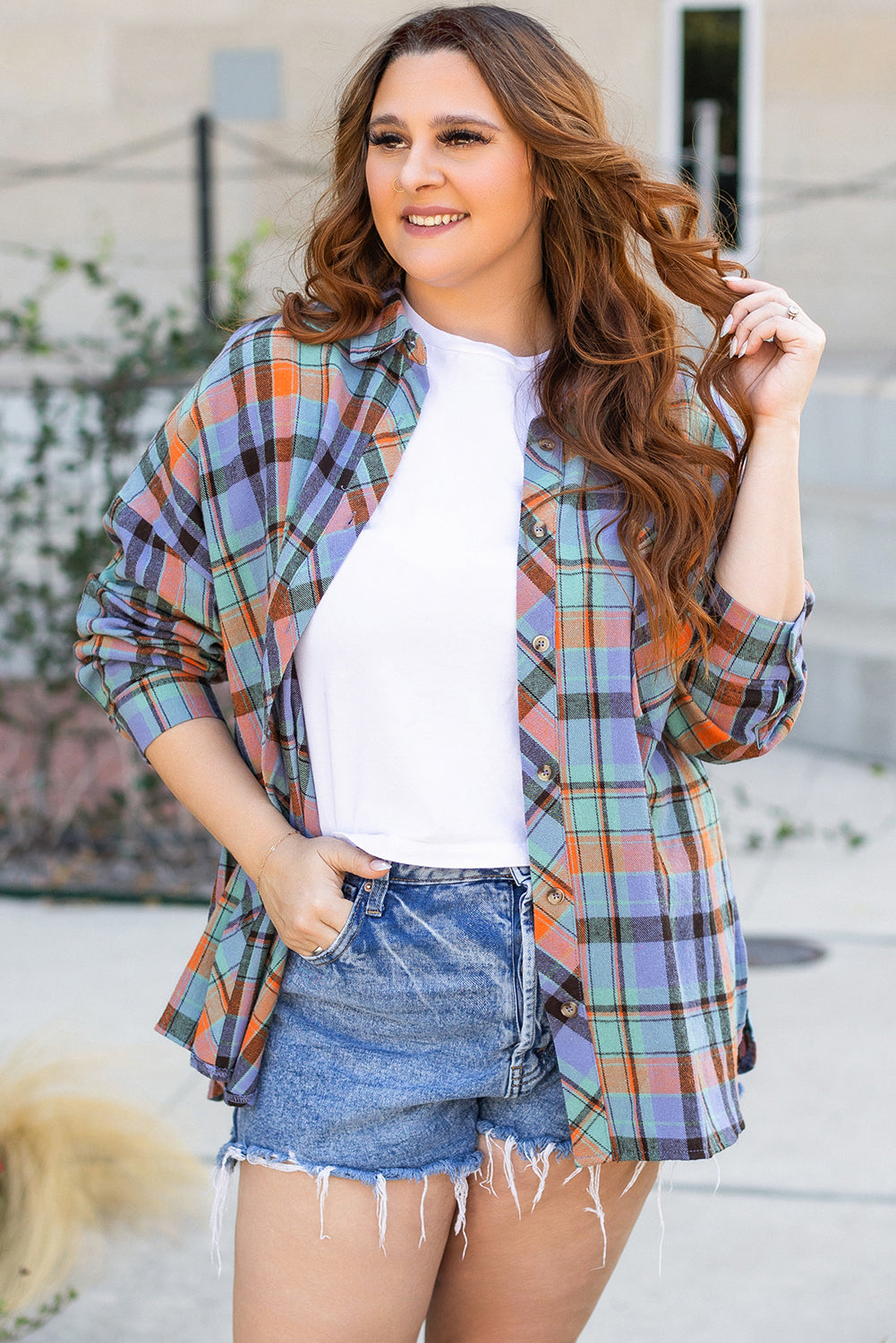 Plus Size Plaid Print Buttoned Shirt