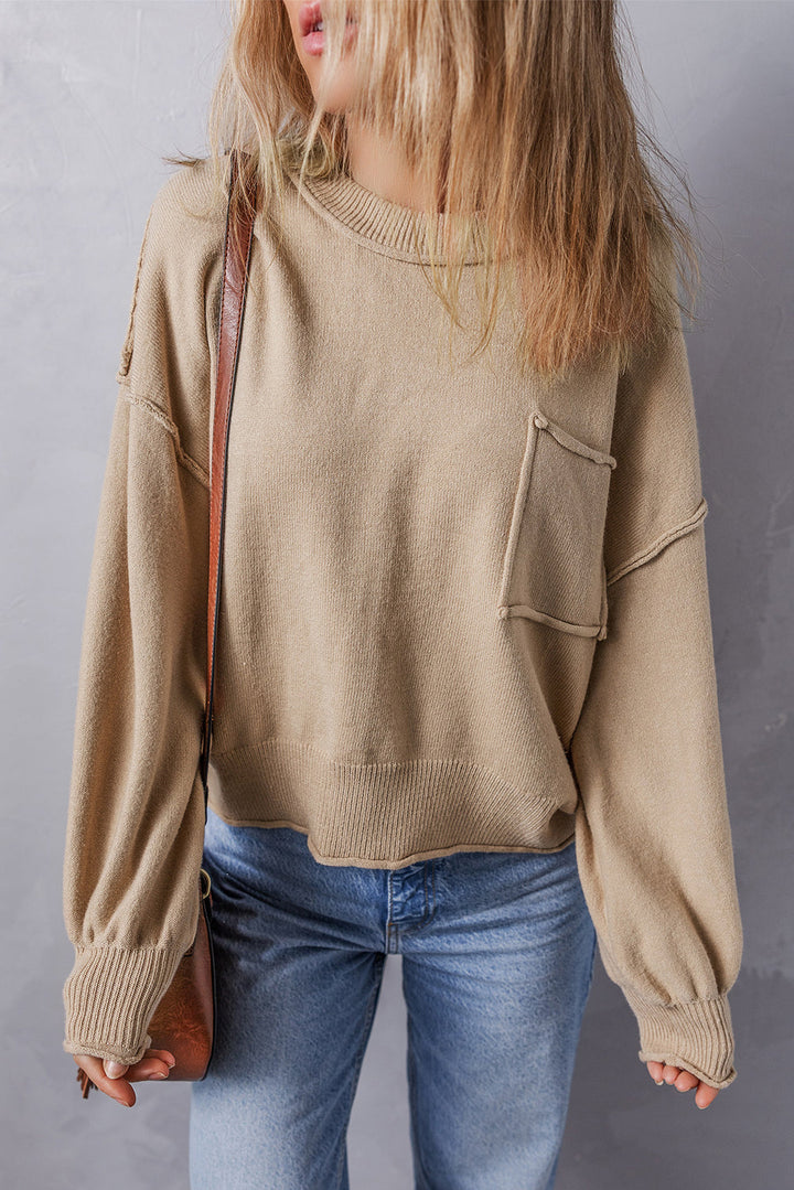 Raw Edge Patch Pocket Exposed Seam Loose Sweater