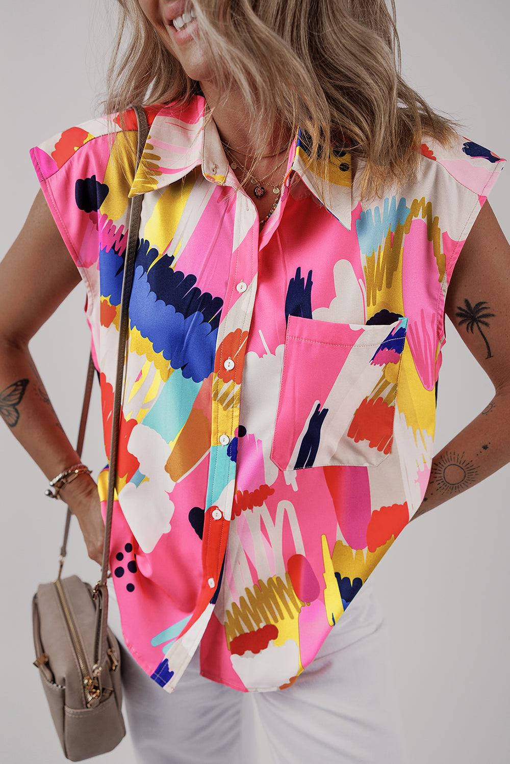 Abstract Print Collared Cap Sleeve Casual Shirt