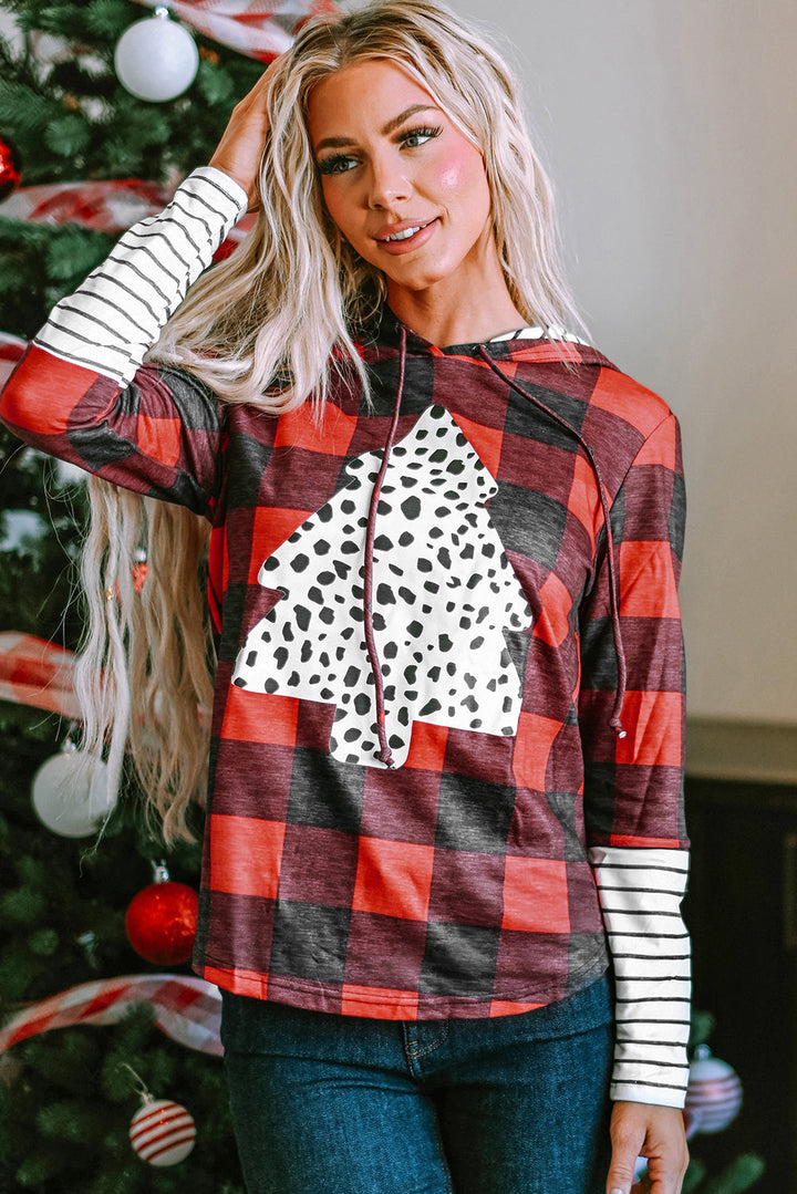 Plaid Patch Sleeve Leopard Christmas Tree Graphic Hoodie