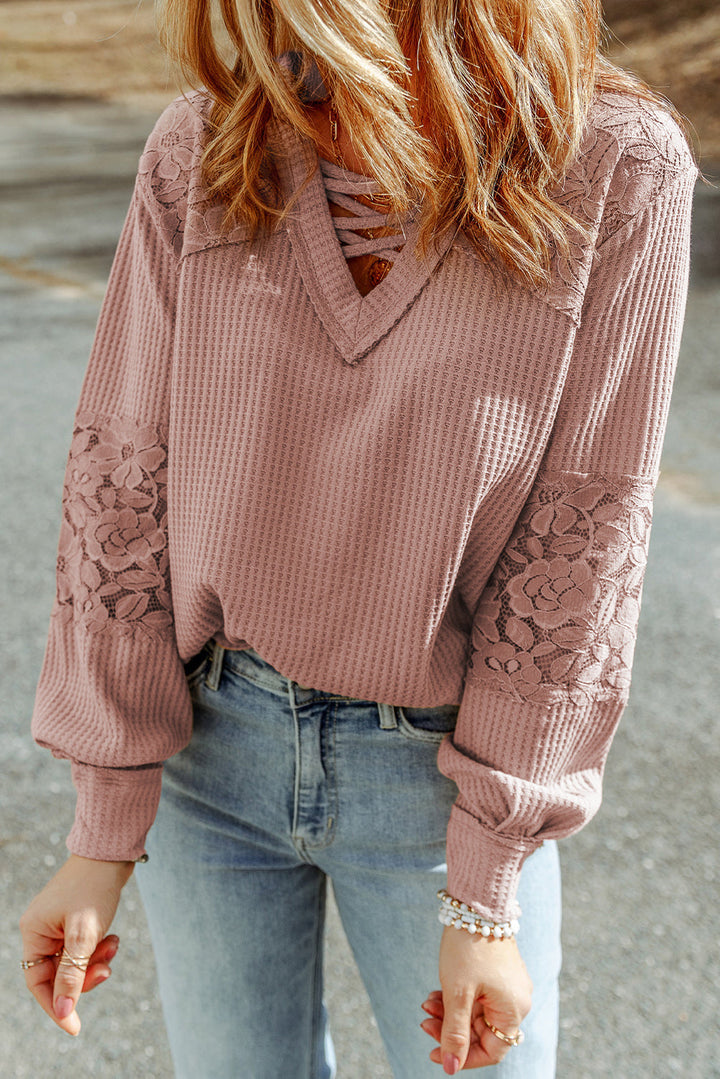 Lace Waffle Patchwork Strappy V Neck Long Sleeve Top