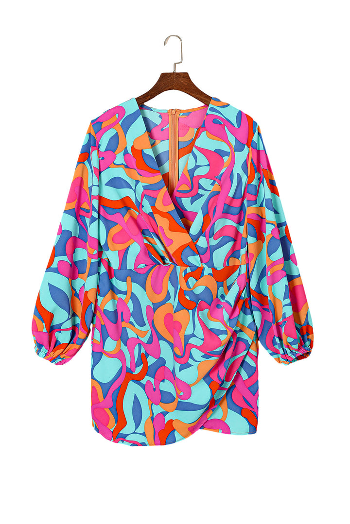 Plus Size Abstract Print Pleated Surplice Long Sleeve Dress