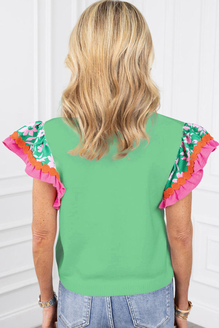 Light Green Contrast Ricrac Floral Sleeve Top