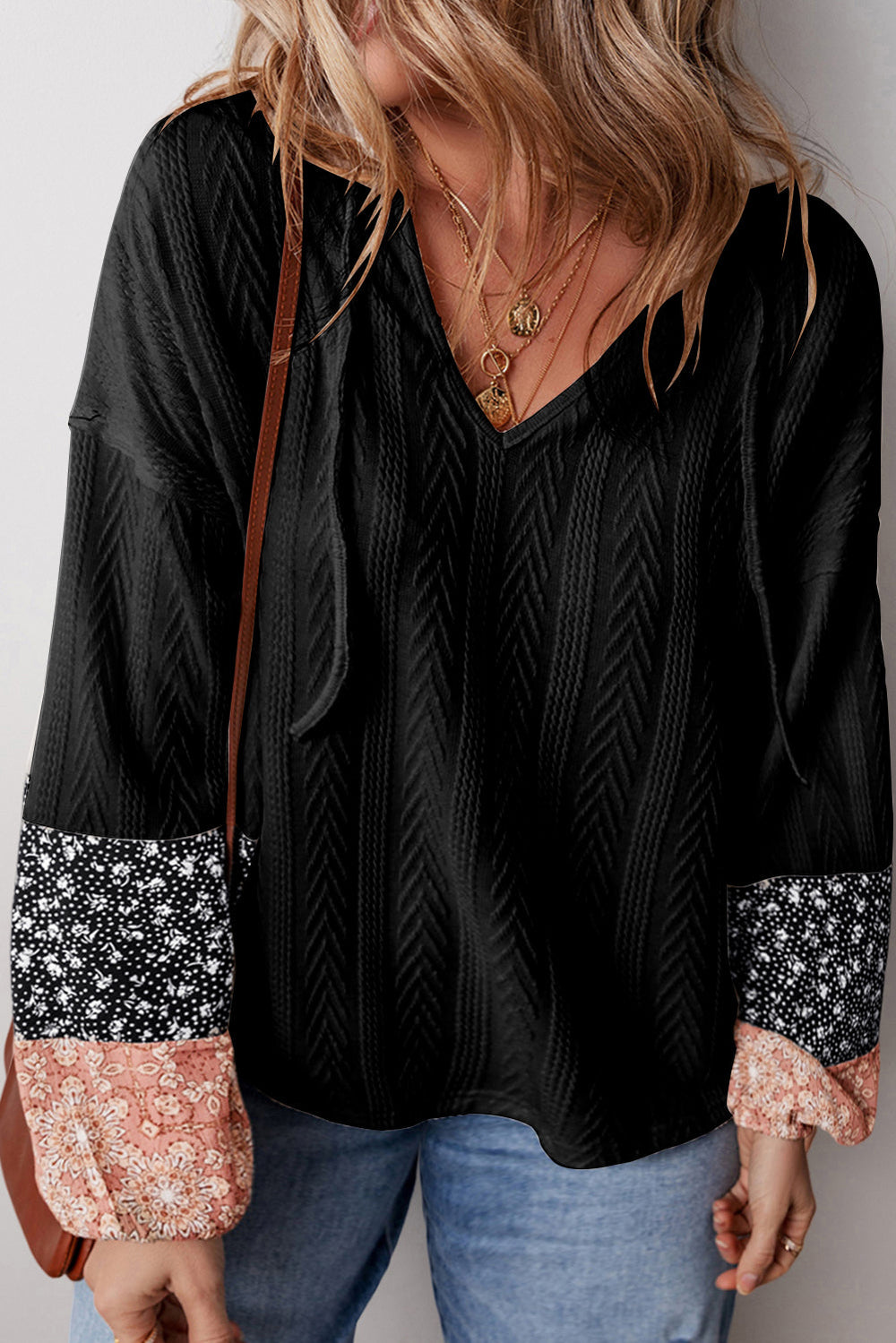 Floral Patchwork Textured Knit Drawstring V Neck Blouse