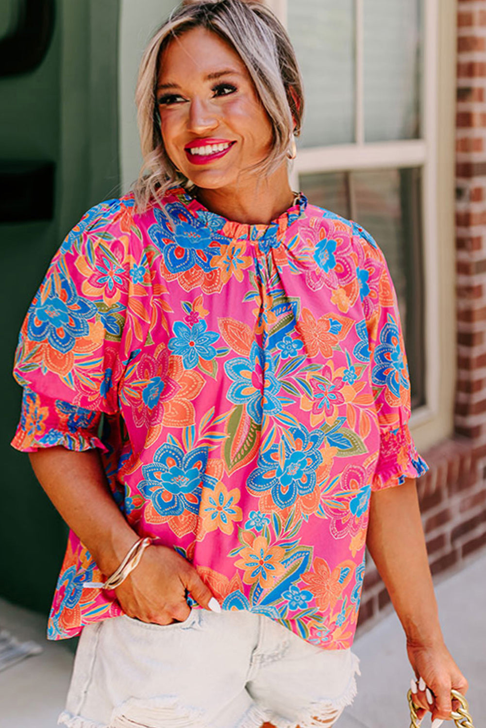 Plus Floral Print Frilly Neck Puff Sleeve Blouse