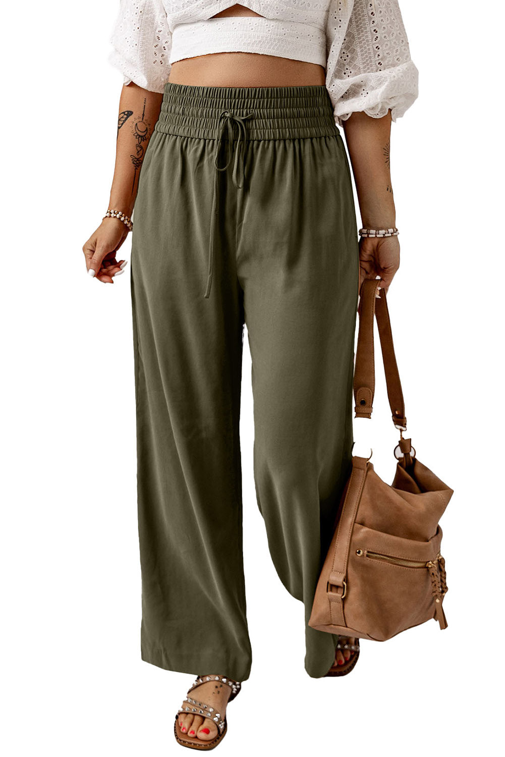 Brown Drawstring Elastic Waist Casual Wide Leg Pants