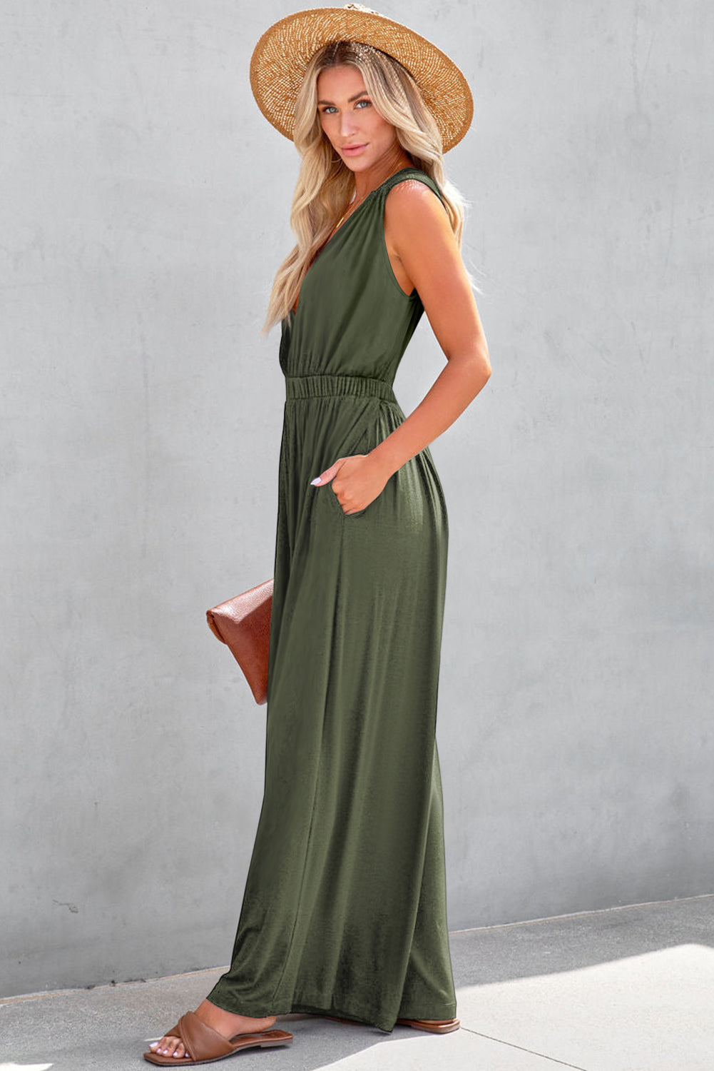 Deep V Pleated Crisscross Wide Leg Backless Jumpsuit