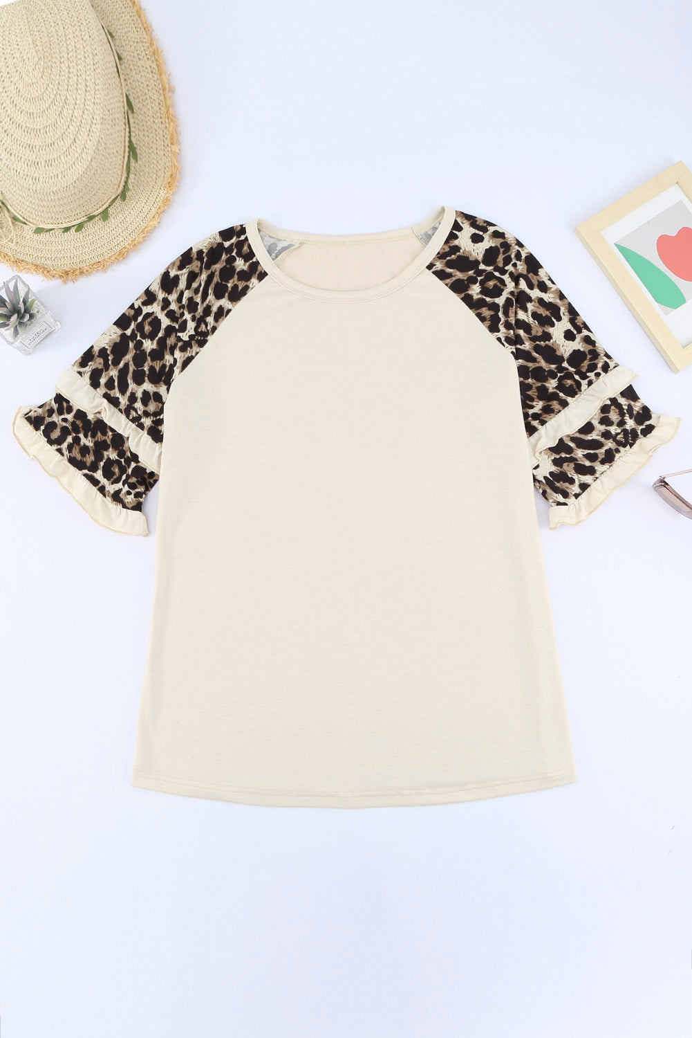 Ruffled Leopard Sleeve Patchwork Top