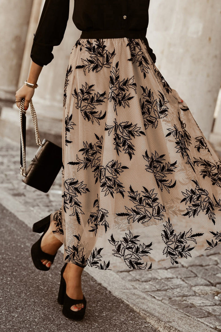 Floral Leaves Embroidered High Waist Maxi Skirt