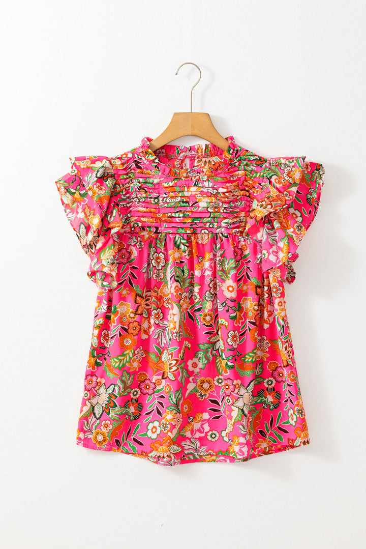 Floral Print Pleated Ruffled Sleeve Summer Blouse