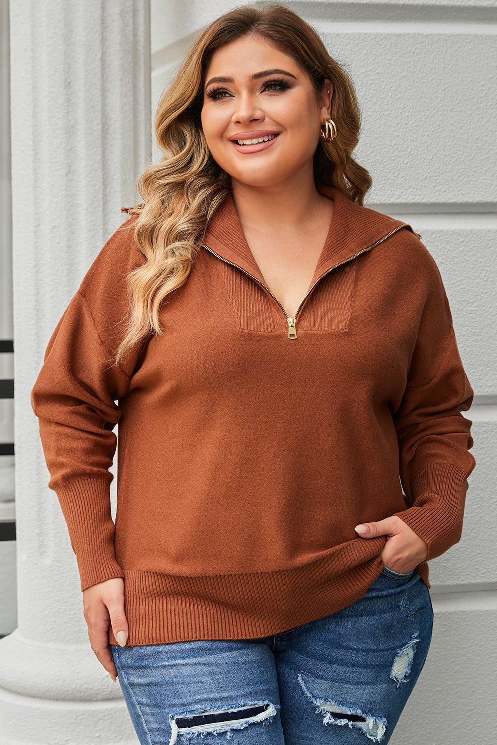 Solid Ribbed Trim Plus Size Zip Collar Sweater