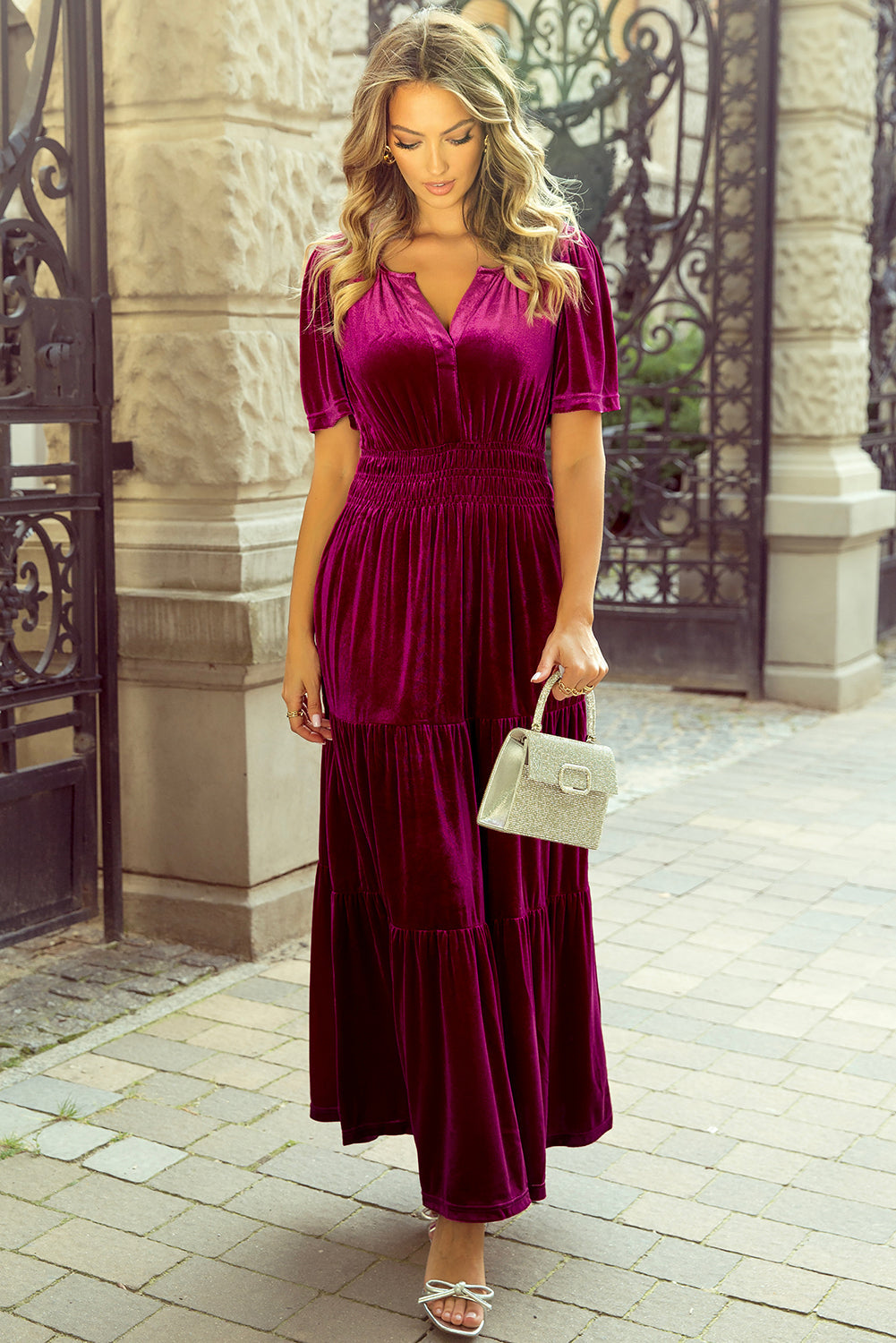 Velvet Short Sleeve Shirred Waist Tiered Maxi Dress