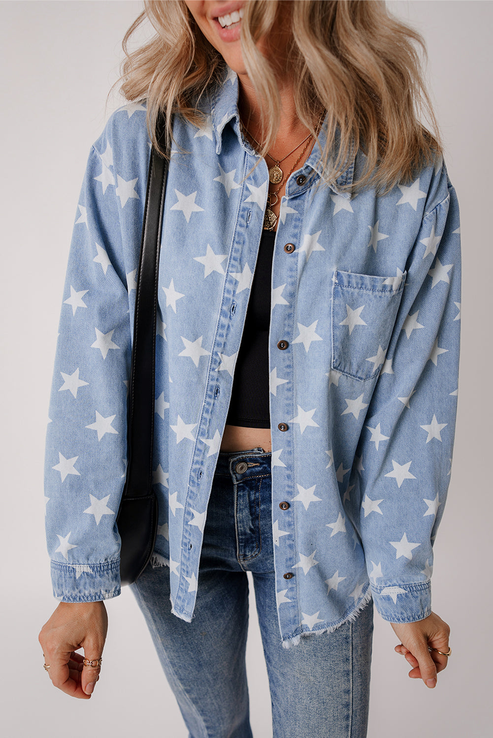 Star Print Light Wash Raw Hem Denim Jacket