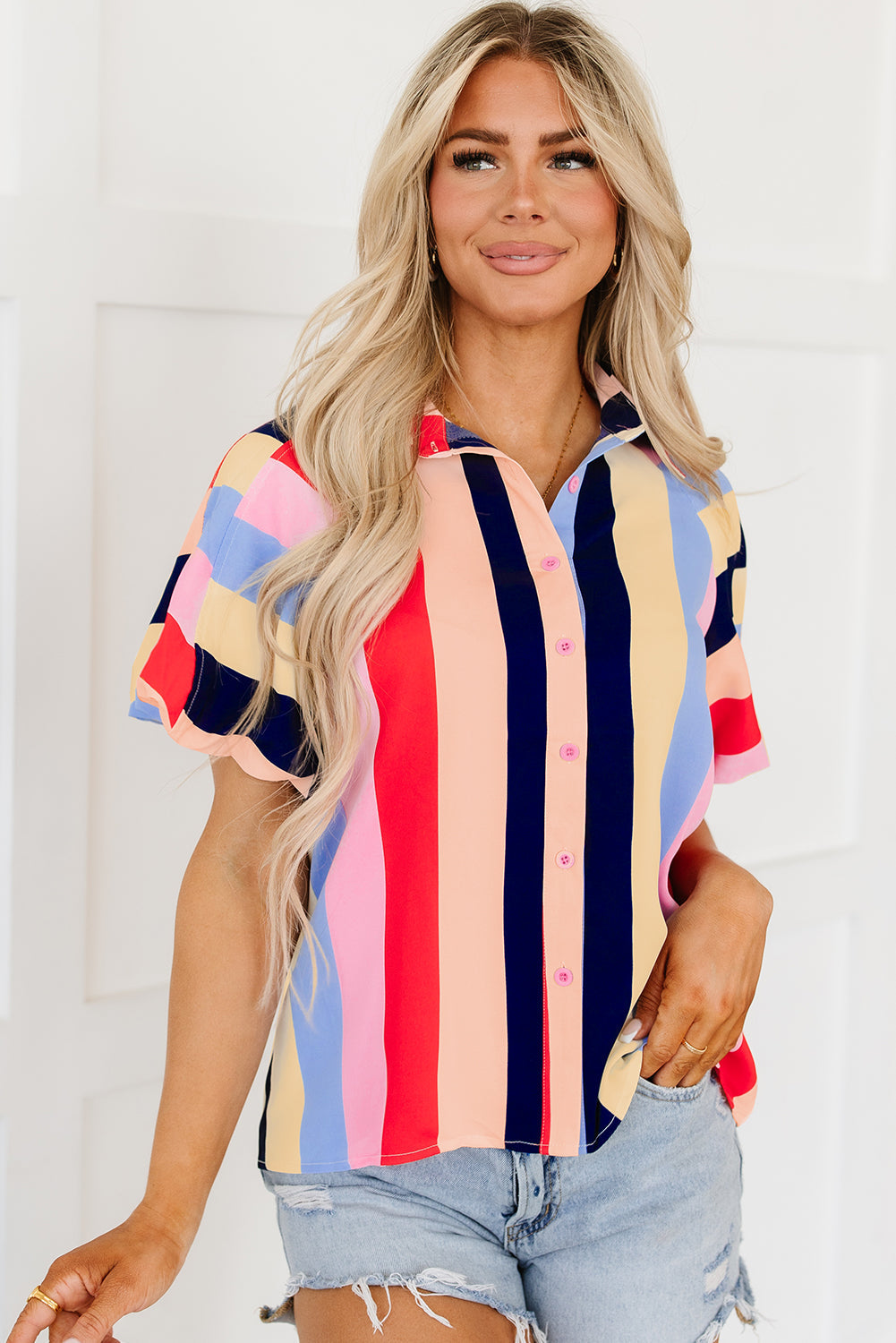 Color Block Striped Puff Sleeve Buttoned Shirt