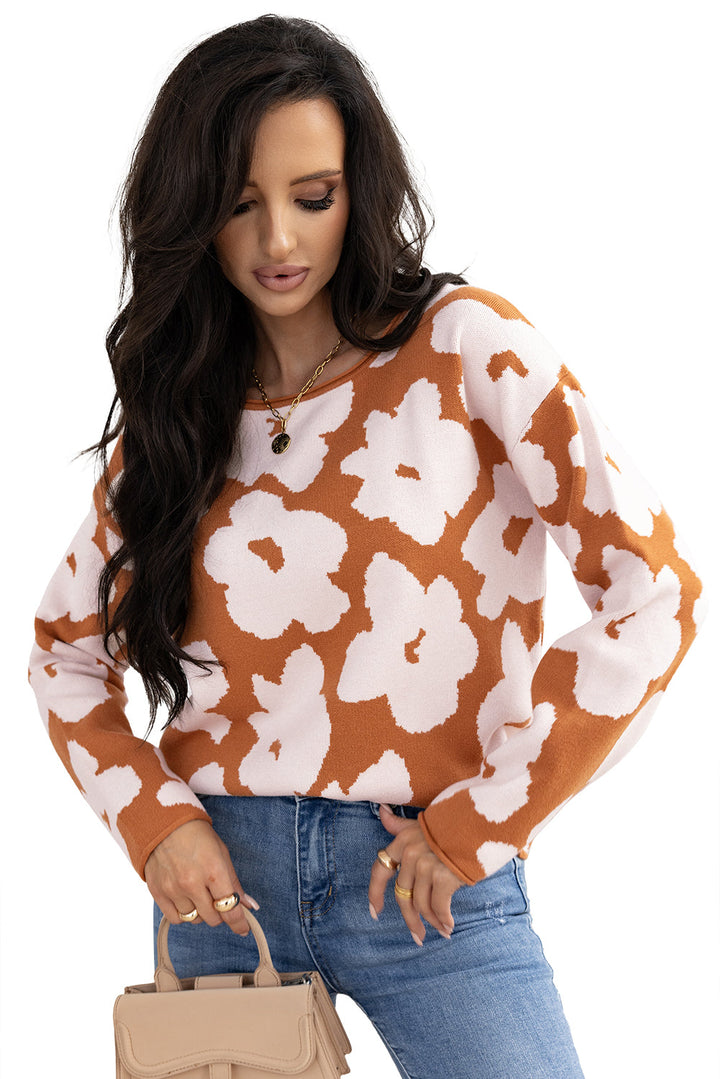 Floral Pattern Crew Neck Long Sleeve Loose Sweater