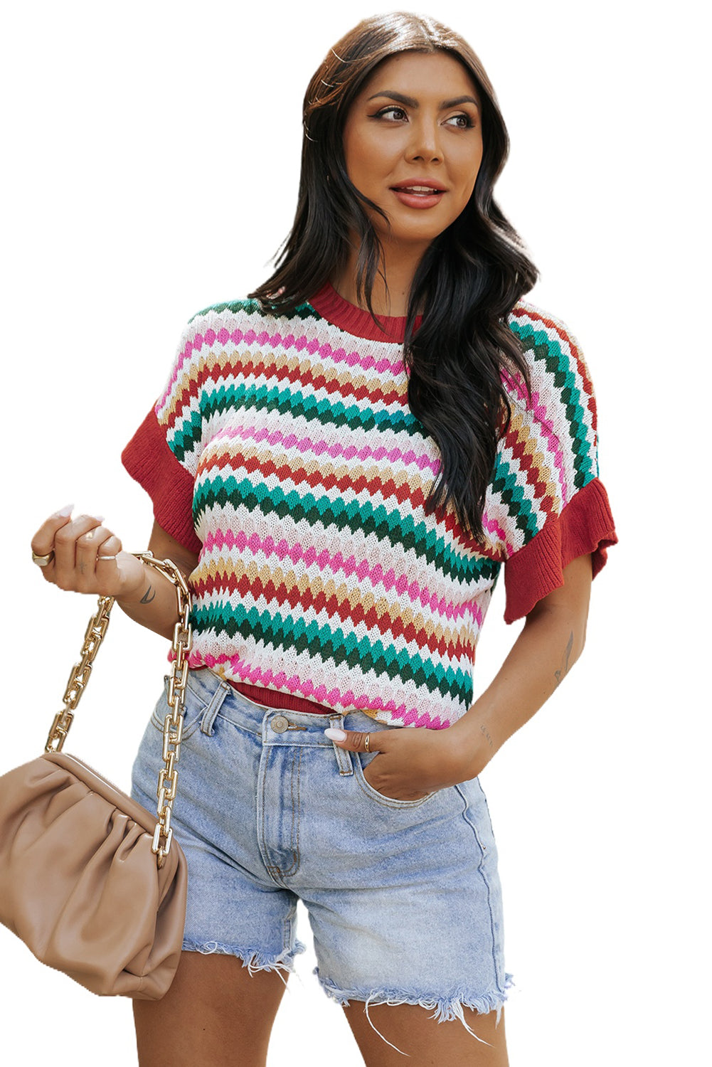 Trimmed Ruffle Sleeve Colorful Textured Sweater