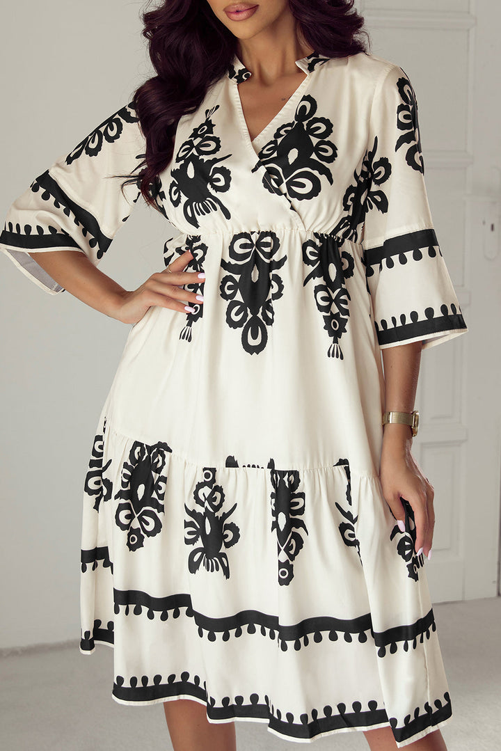 Western Geometric Print 3/4 Sleeve Loose Midi Dress