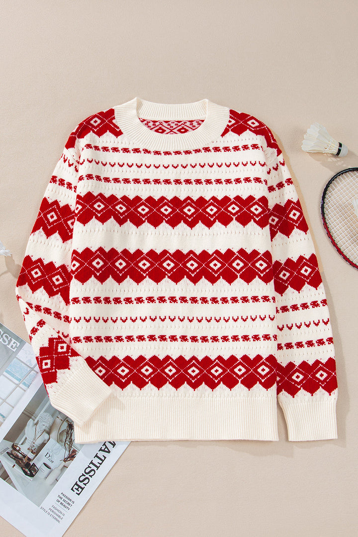 Western Geometric Patterned Crew Neck Loose Sweater