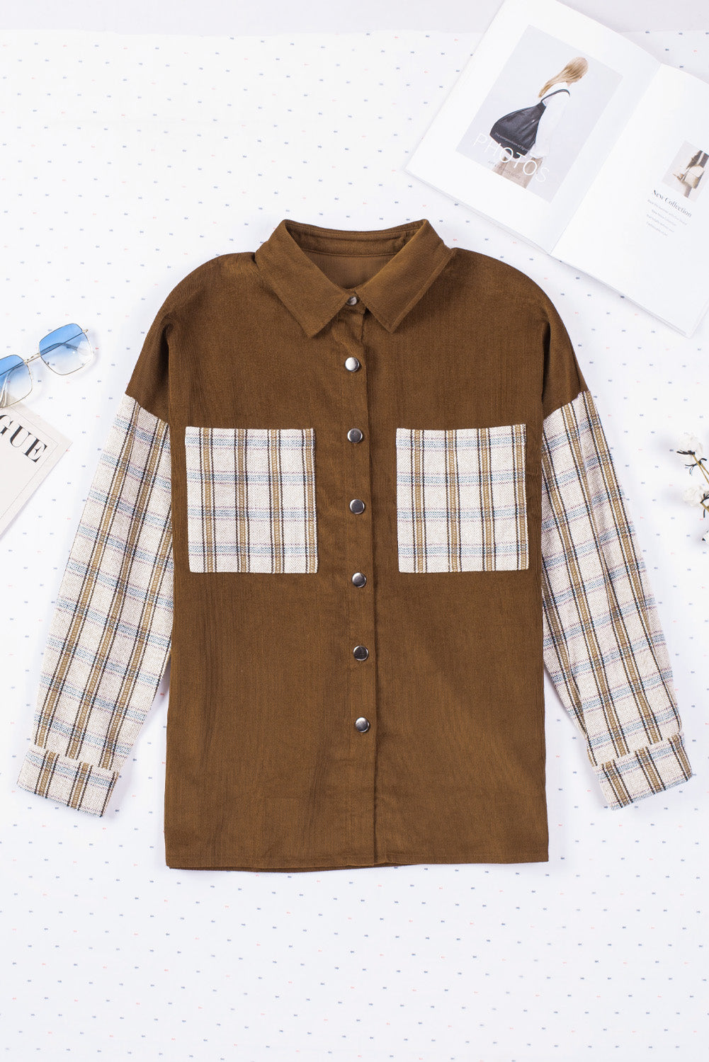 Plaid Patchwork Corduroy Shirt Jacket with Pocket