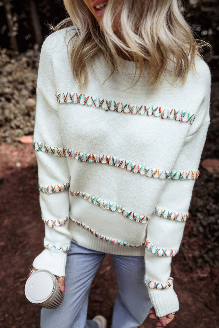 Colorful Crossed Stitch Drop Shoulder Sweater