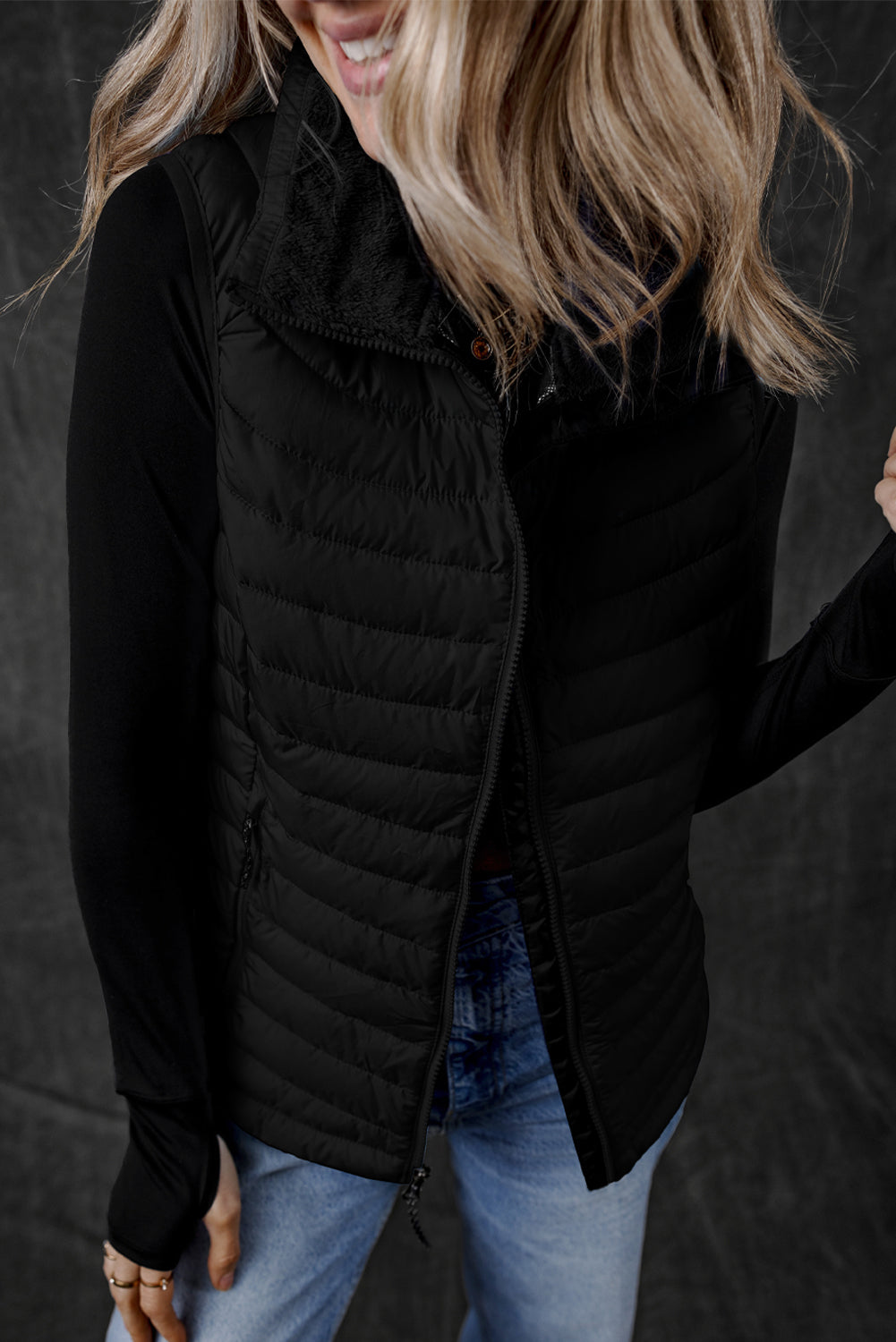 Plush Collared Quilted Zipped Puffer Vest