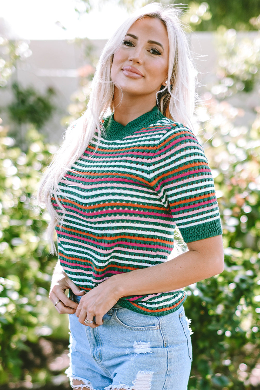 Striped Pattern Contrast Trim Pointelle Knit T Shirt