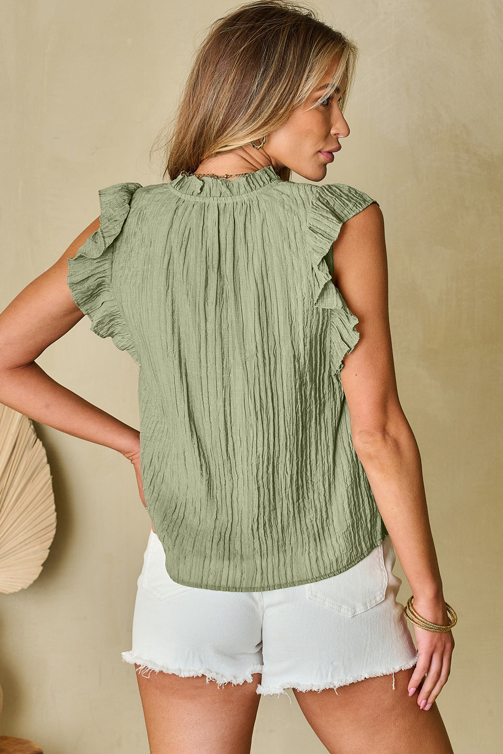 V Neck Flutter Sleeve Textured Blouse