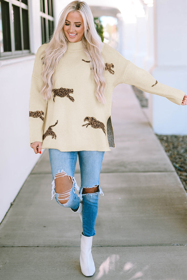 Lively Cheetah Print High Neck Split Hem Sweater