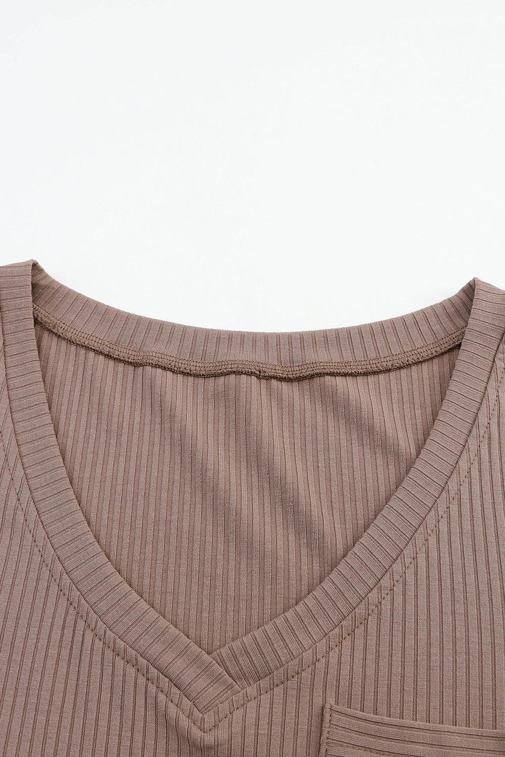 Ribbed Knit Patched Chest Pocket V Neck Top