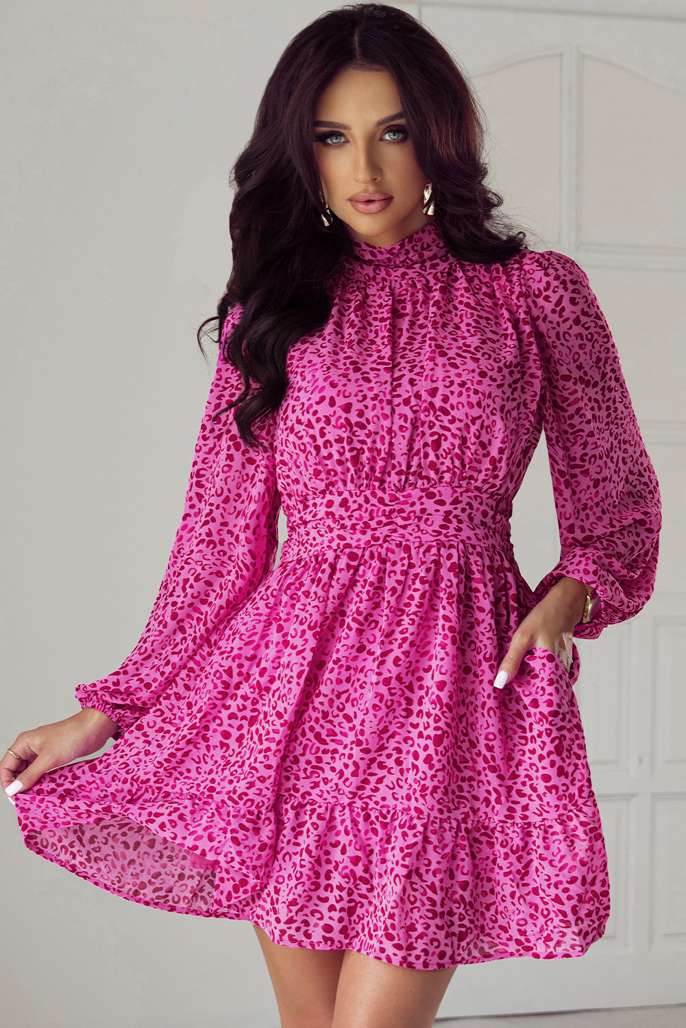 Leopard Puff Sleeve Knotted High Neck Ruffle Dress