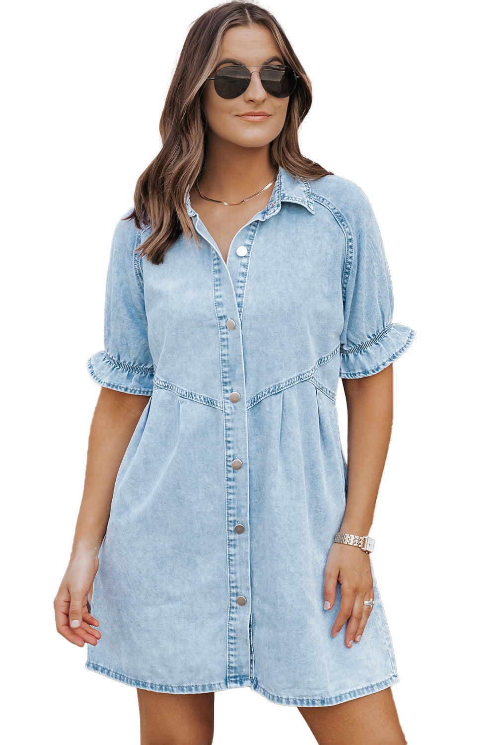 Mineral Wash Ruffled Short Sleeve Buttoned Denim Dress