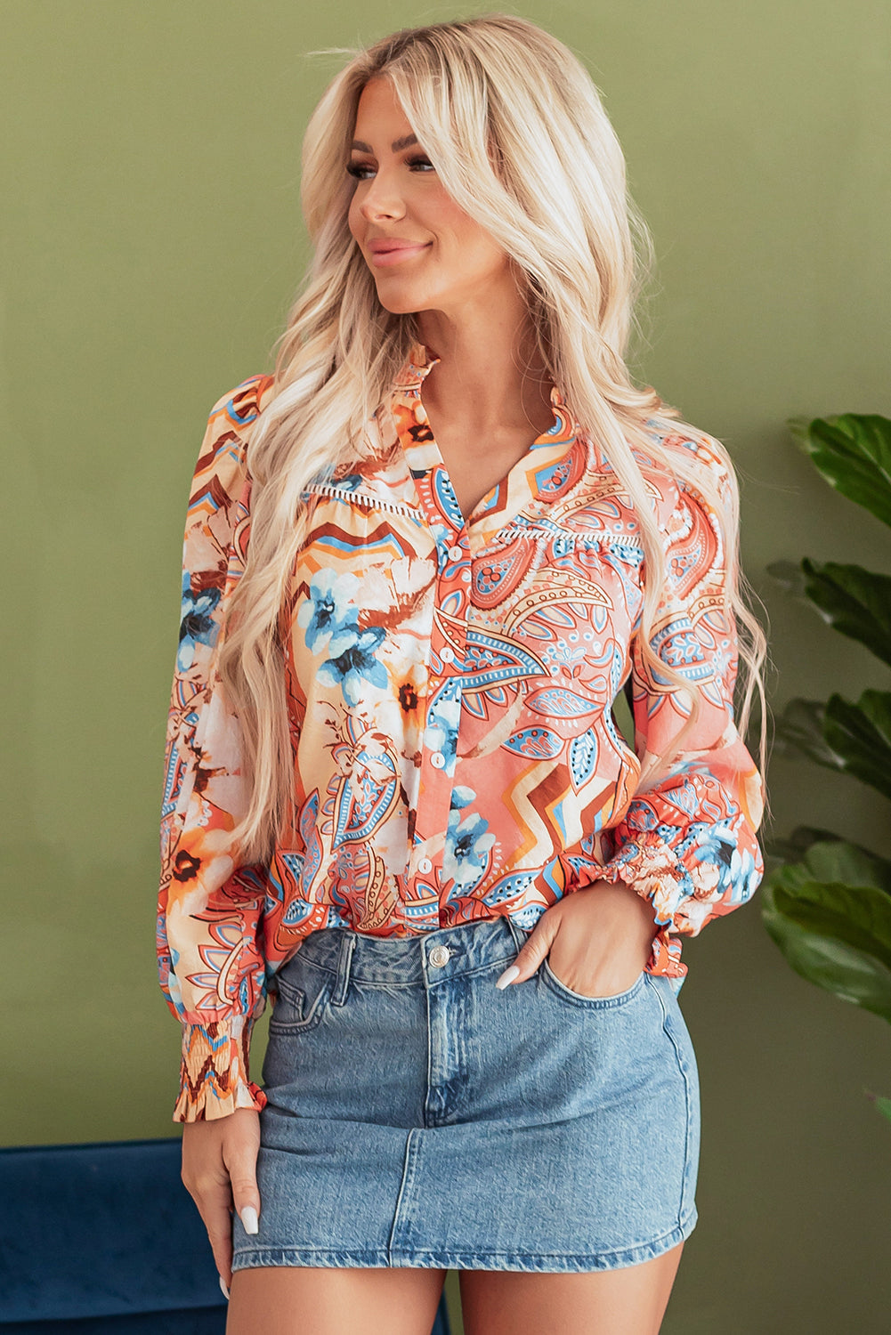 Floral Print Shirred Cuff Buttoned Loose Shirt