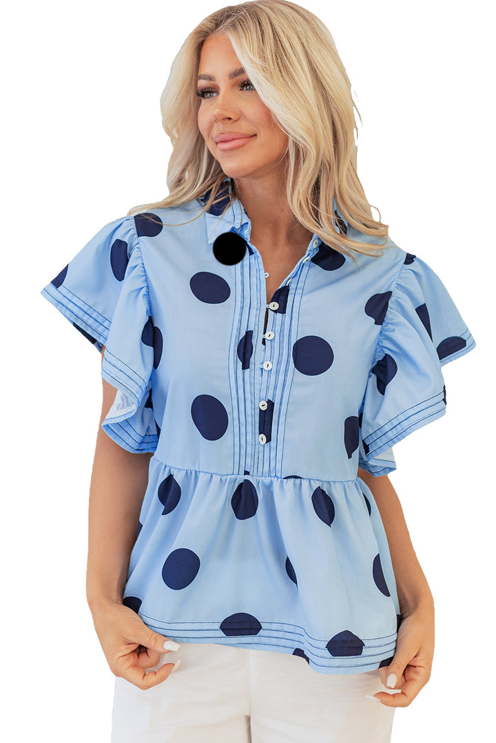 Polka Dot Print Ruffled Short Sleeve Buttoned Collared Blouse