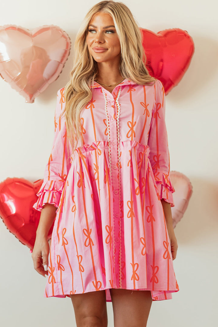 Bowknot Striped Printed Tiered Ruffled Mini Shirt Dress