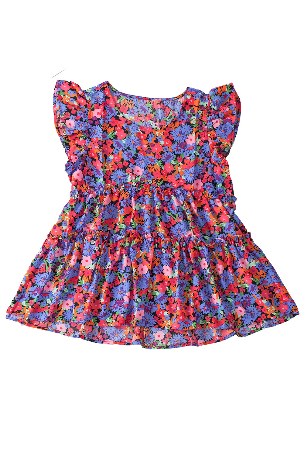 Multicolor Floral Print Ruffle Tiered Short Sleeve Babydoll Top