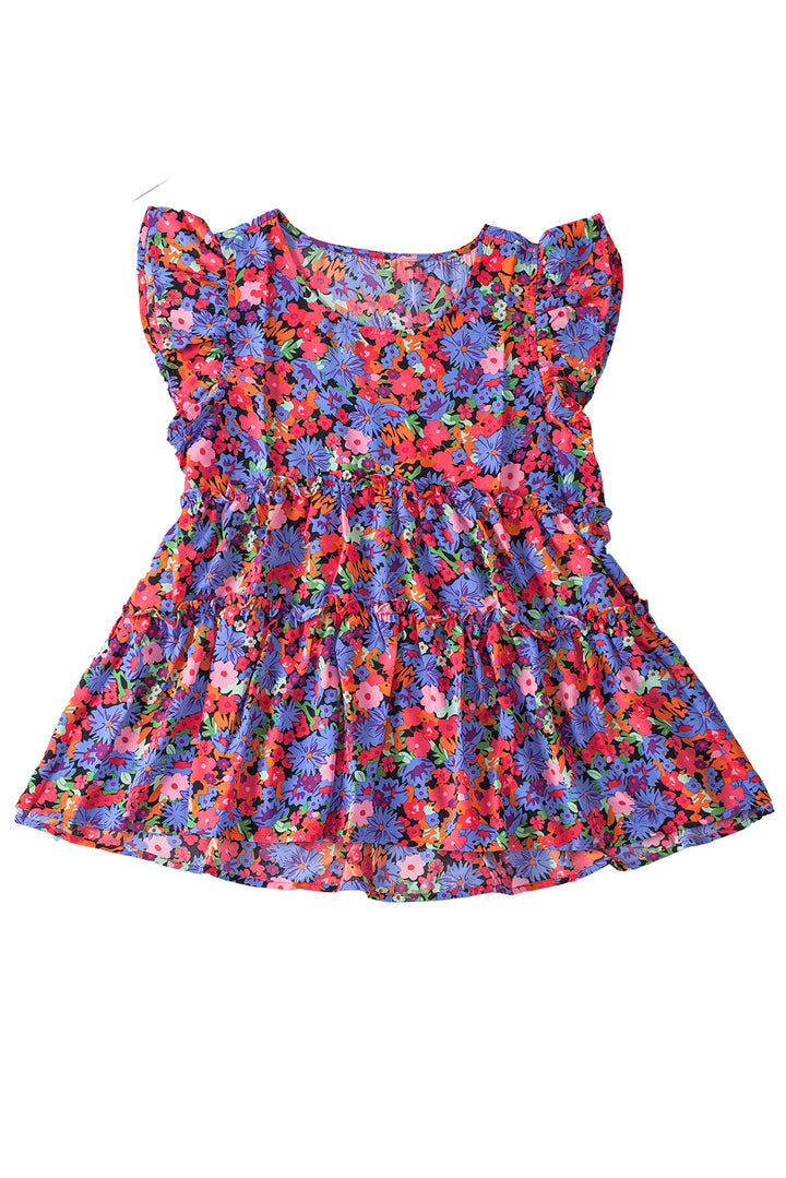 Multicolor Floral Print Ruffle Tiered Short Sleeve Babydoll Top