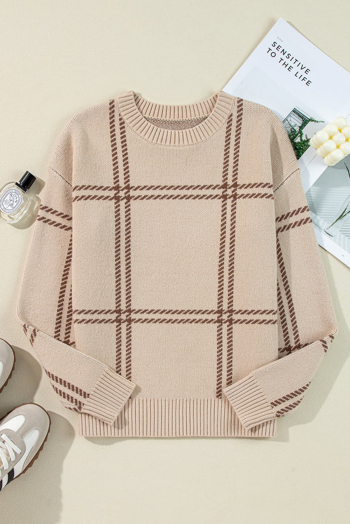 Plaid Pattern Knitted Drop Shoulder Sweater